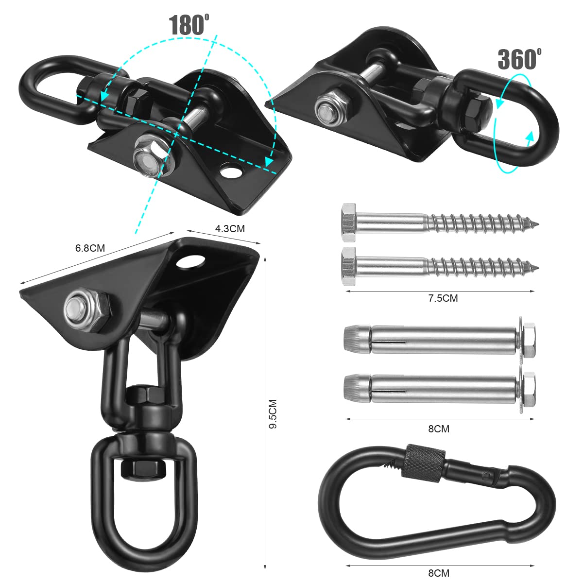 Hammock Hanging Kit,Hanging Chair Hardware 360°Rotating 1200 lb Capacity Hammock Hooks Heavy Duty,Hammock Chair Hanging Kit & Swing Ceiling Hook Snap for Hammock Chair Stand,Seat, Tree,Yoga,Gym(Black) JACNITAD
