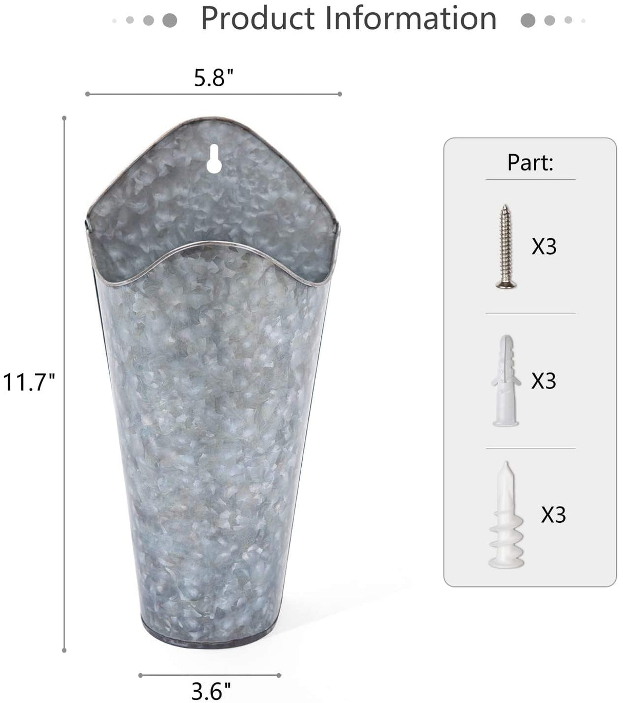 Mkono Galvanized Metal Wall Planter Farmhouse Wall Vase for Artificial Plants Flowers, Rustic Hanging Fake Flowers Holder Country Home Bedroom Living Room Decor Set of 2, Silver, Small Mkono