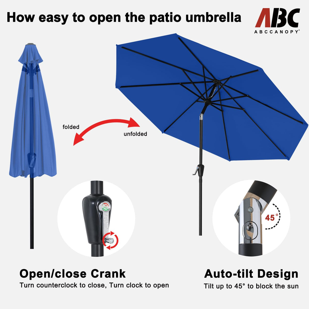 ABCCANOPY 9FT Outdoor Patio Umbrella, 8 Ribs Table Umbrella w/Crank for Easy Set Up, Suitable for Garden, Lawn, Deck & Backyard (Blue) ABCCANOPY