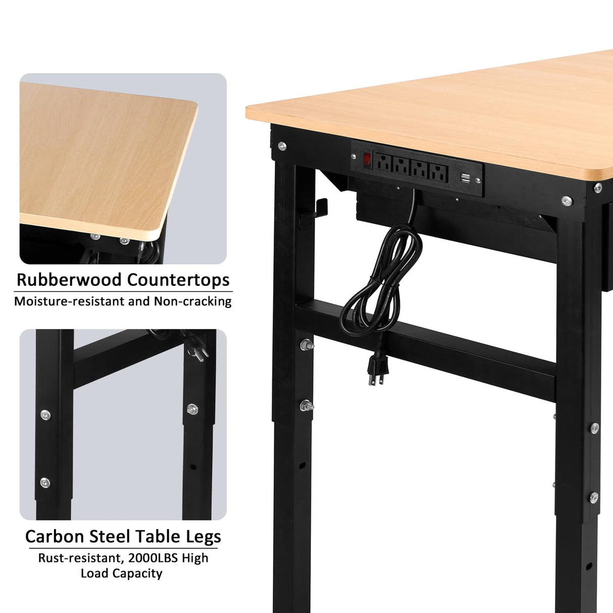 60'' Adjustable Workbench with Power Outlet,Workbenche with Drawer for Garage,2700 Lbs Capacity Hardwood Workbench,Heavy Duty Table for Workshop Office Home Commercial SGOLAN