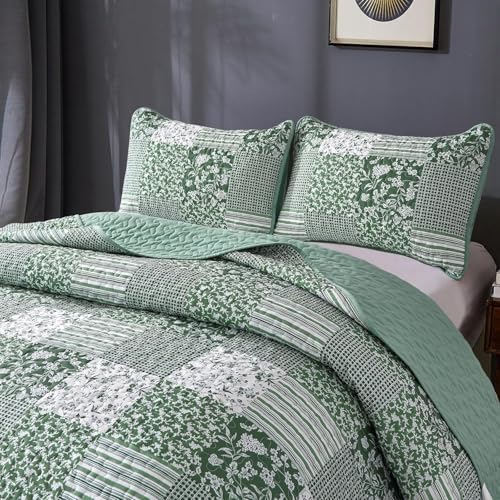 Mybedsoul Green Quilt Set Full Size, 3 Pieces Plaid Floral Bedspread Set Patchwork Reversible Bedding Set Microfiber Lightweight Bedspread Coverlet Set for All Season 78"x90" Mybedsoul