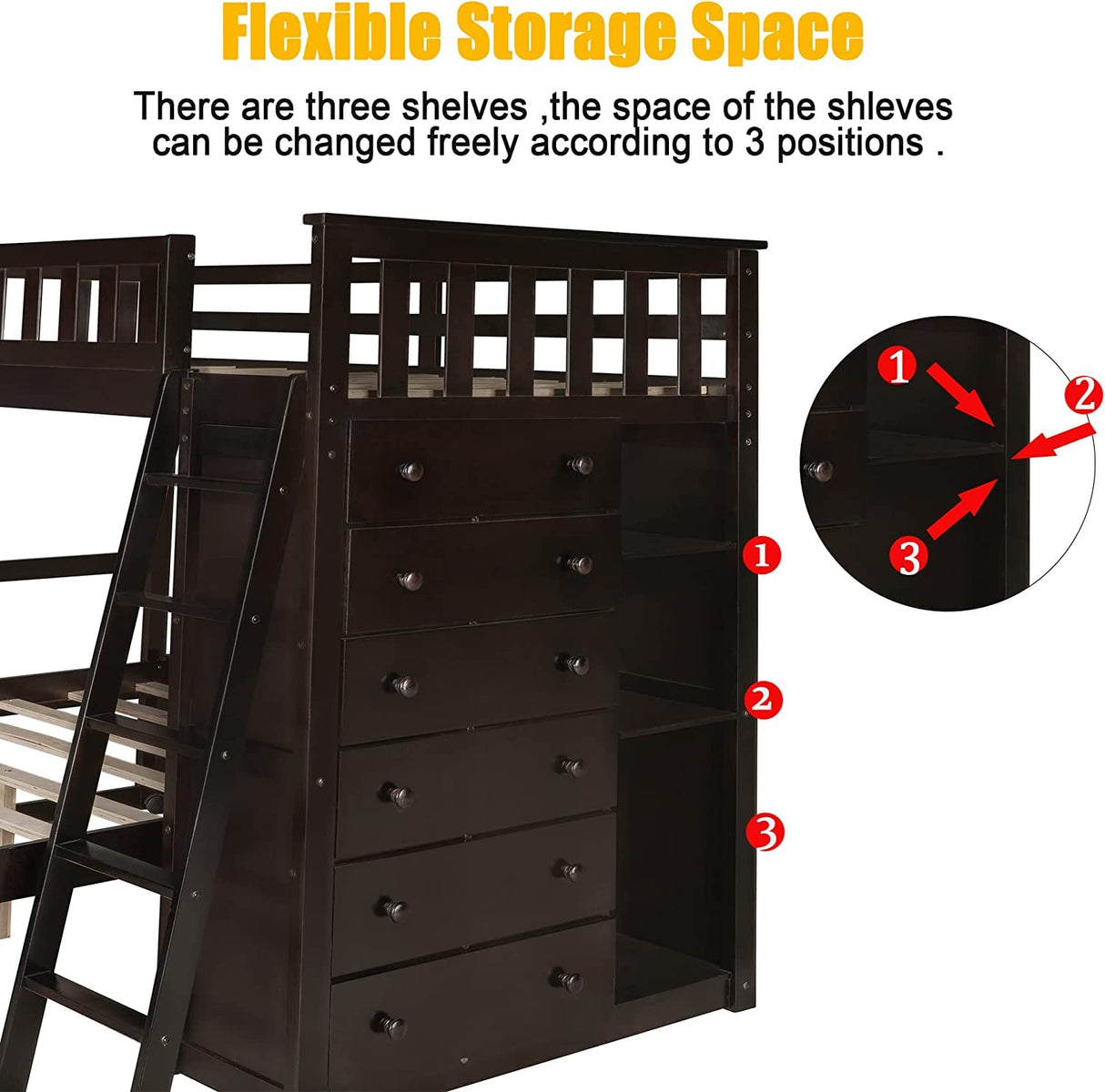 Harper & Bright Designs Twin Over Full Bunk Beds with Six Drawers and Flexible Shelves,Wooden Bunk Beds with Storage and Removable Bottom Bed for Kids Girls Boys,No Box Spring Needed (Espresso) Harper & Bright Designs