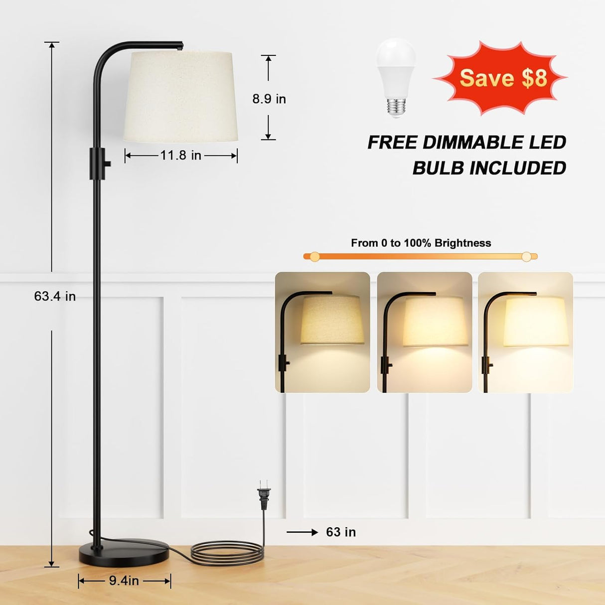 Ambimall ๐
๐ฎ๐ฅ๐ฅ๐ฒ ๐๐ข๐ฆ๐ฆ๐๐๐ฅ๐ Floor Lamp - Floor Lamps 9W ๐๐๐ Light Bulb Included, Standing Lamps for Living Room with Adjust Head, Modern Standing Tall Light Rotary Switch for Office Ambimall