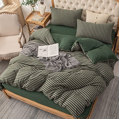 PURE ERA Jersey Knit Duvet Cover Set 100% T-Shirt Heather Cotton Super Soft Comfy Classic Striped Design, with Zipper Closure, Forest Green Stripe, Full PURE ERA