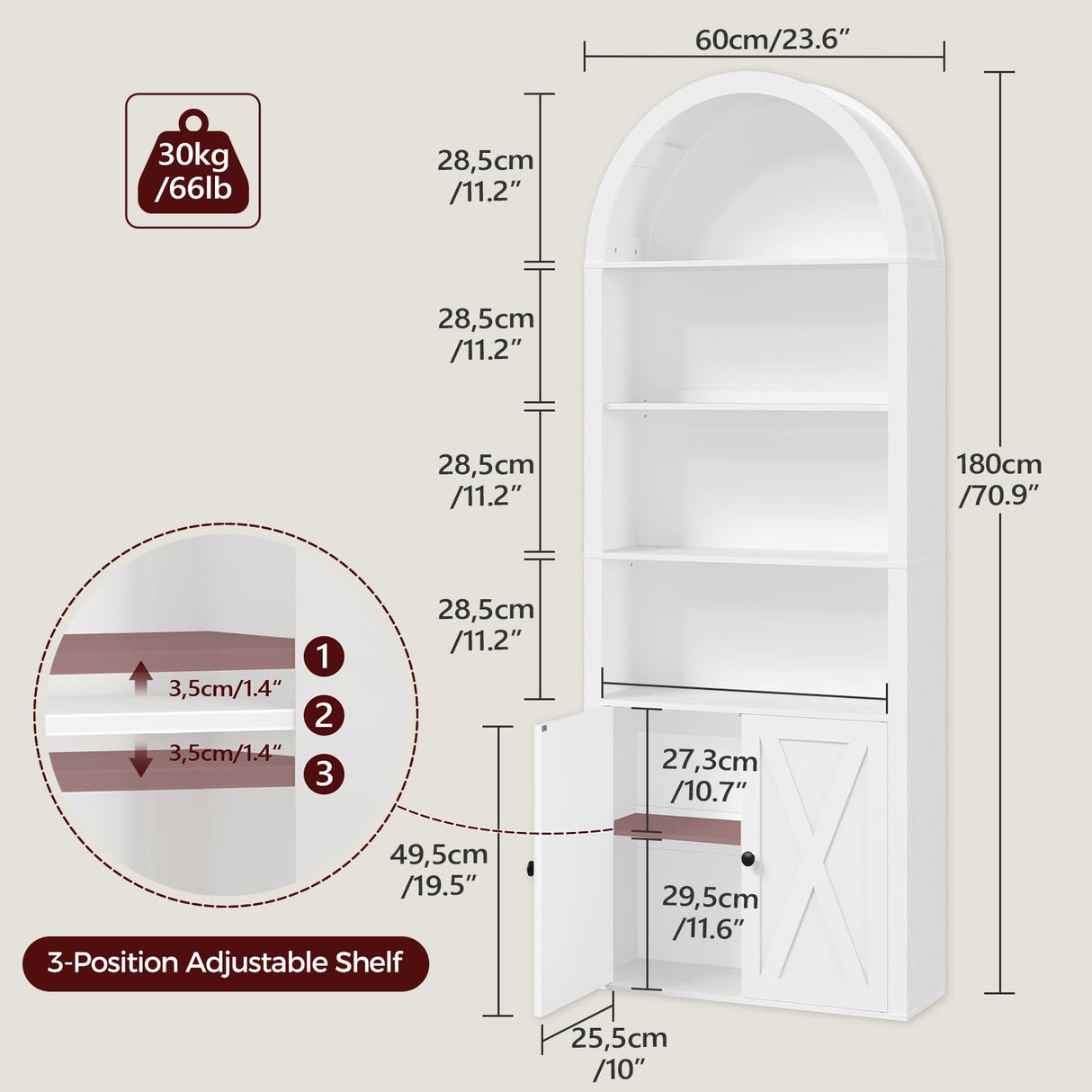 MAHANCRIS 6-Tier Bookshelf, 70.9'' Farmhouse Arched Bookcase with Cabinet, Freestanding Engineered Wood Display Bookshelf, with Adjustable Shelves, for Living Room, Study, Kitchen, White BKWT2501 MAHANCRIS