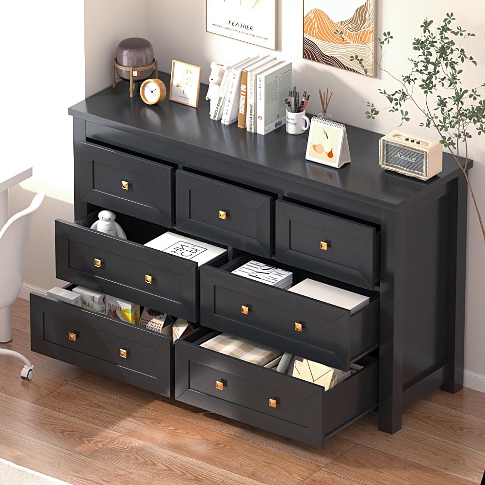Wodeer Black 7 Drawers Dresser for Bedroom,Wood Farmhouse Storage Chest of Drawers, Dresser with Metal Handles,Dressers Organizer for Bedroom, Living Room,Hallway,Nursery,Black Wodeer