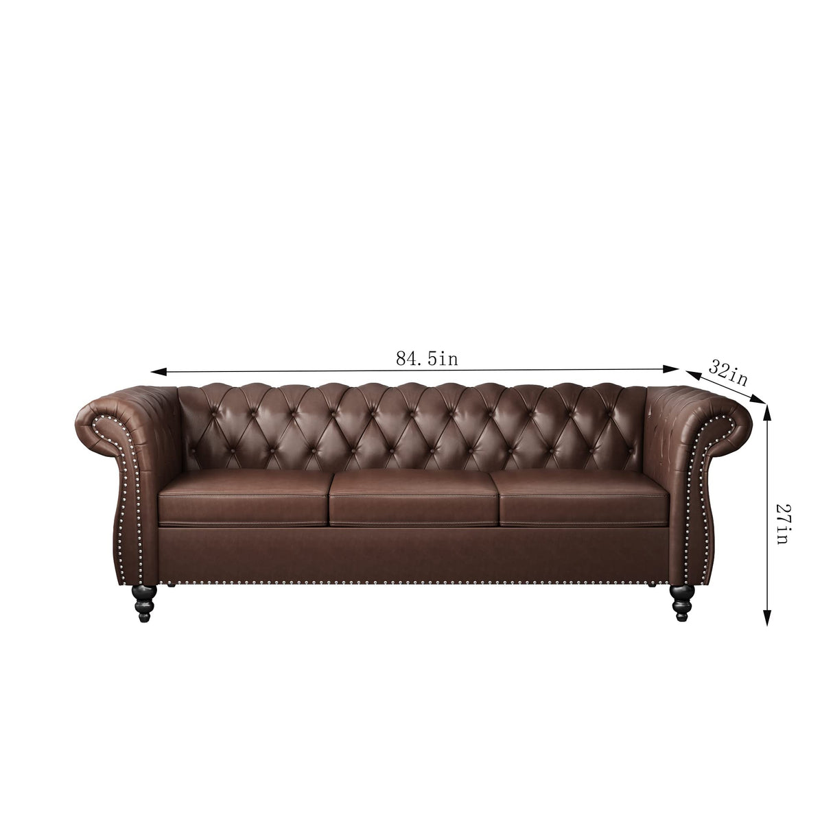 Chesterfield Sofa Leather, Modern PU Tufted Couch 3 Seater with Rolled Arms and Nailhead for Living Room, Bedroom, Office, Apartment (Dark Brown) ORRD