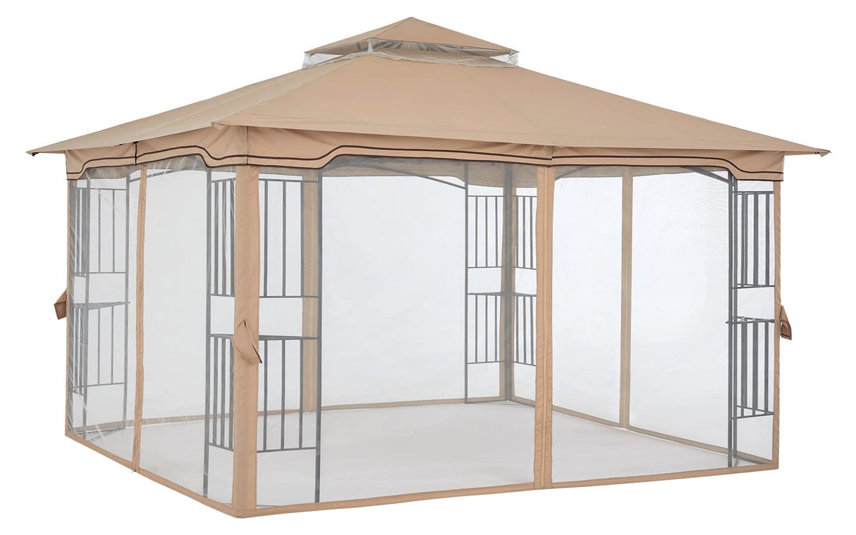 MASTERCANOPY Patio Outdoor Gazebo with Netting Screen Walls and Corner Shelf Design (11x11,Beige) MASTERCANOPY
