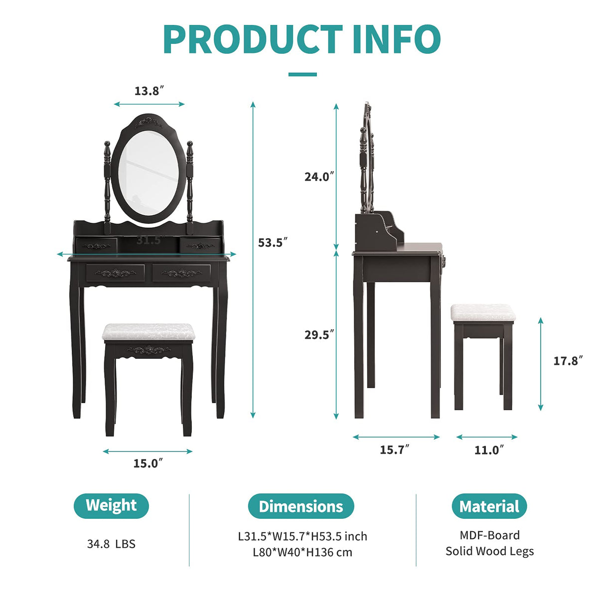 Alohappy Girls Vanity Desk, Makeup Vanity Set with Mirror & Stool, Makeup Table Black Vanity Desk with 4 Drawers Vintage Rose Carving Dressing Desk Alohappy