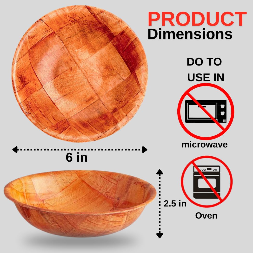 Wooden Woven Salad Bowl, Woven Wood Snack Bowls 6"-Inch, Set of 6 ., Buday Mart