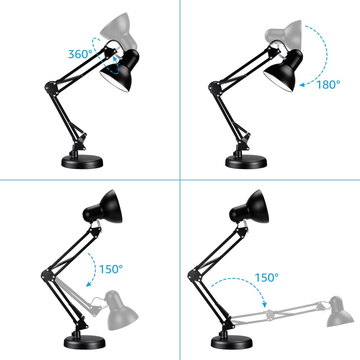TORCHSTAR Metal Desk Lamp with Clamp, Swing Arm , Architect Adjustable Gooseneck Table Lamp, Clip Desk Lights for Home Office, Work, Study, Reading, E26 Base, Multi-Joint, Black TORCHSTAR