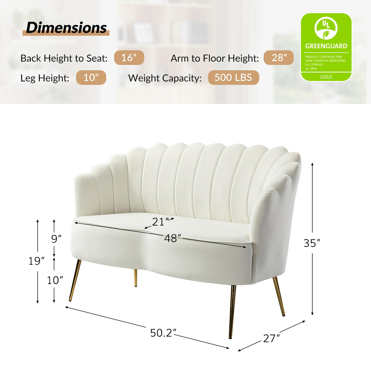 HULALA HOME Modern Velvet Loveseat Sofa with Flower Shaped Back, Comfy Upholstered 2-Seater Sofa with Gold Metal Legs, Small Love Seat Accent Couch for Living Bedroom Leisure Areas, Ivory HULALA HOME