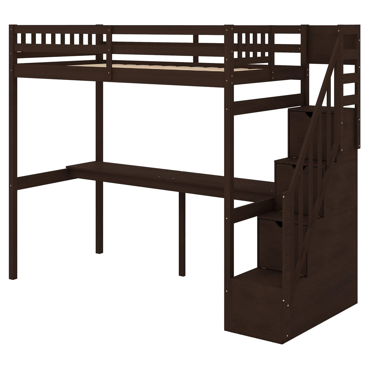 SOFTSEA Espresso Twin Loft Bed with Storage Staircase, Desk, and Safe Access for Kids SOFTSEA