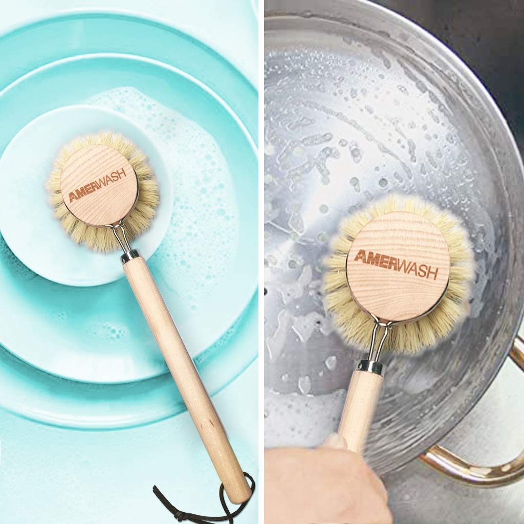 AMERWASH PLUS Dish Brush with Wooden Handle, Natural Kitchen Brush for Dishes Vegetable, Pots and Pans, Tampico Fiber Bristles Scrubber, Extra 3 Pack Replacement Head Included AMERWASH PLUS