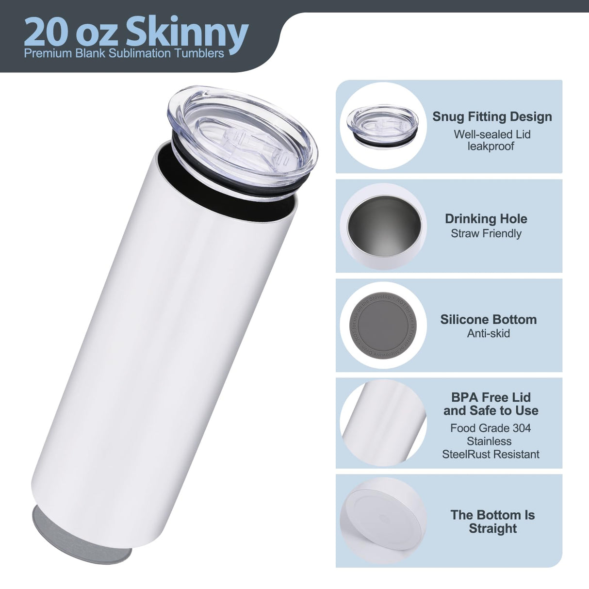 Sublimation Tumblers bulk 20 OZ Skinny Stainless Steel Double Wall Insulated Straight Sublimation Cups 16 Pack Blanks White Tumbler with Lid,Straw,Heat Resistant Tape&Shrink Sleeves,Individually Boxed Dmsky