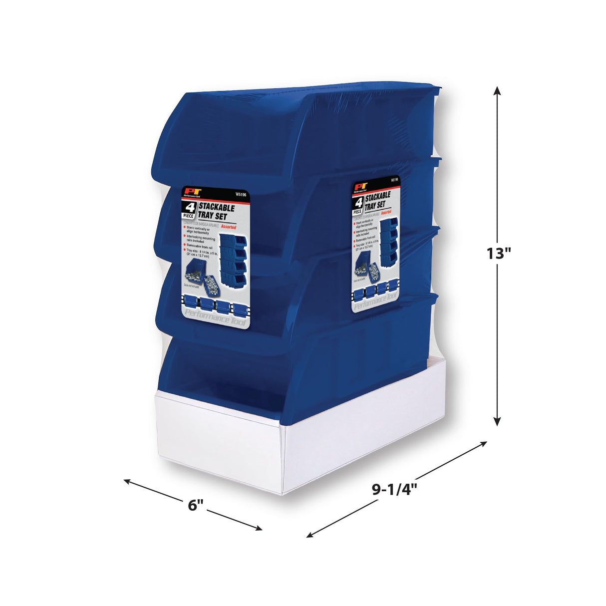 Performance Tool W5196 Large Stackable Storage Trays - Adjustable for Vertical or Horizontal Position, Blue, Pack of 4 Performance Tool