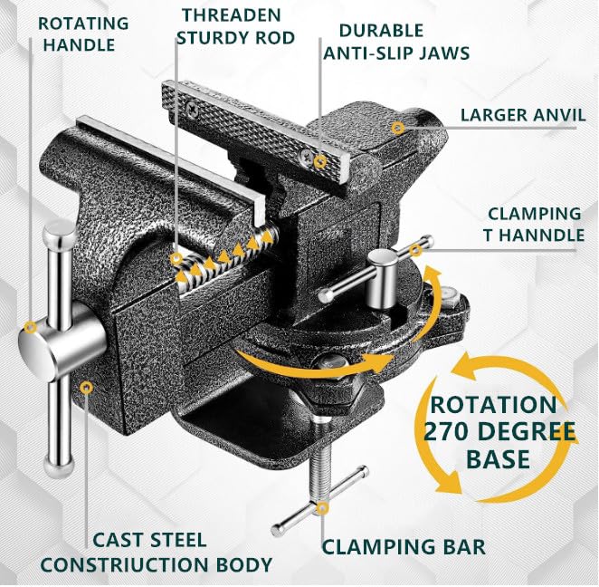 Bench Vise 4-1/2in Multi-Purpose Bench Vice Clam on Vise, Heavy Duty Cast Iron Bench Clamp with Anvil-Multi-Jaw Swivel Base - Bnech Vice for Workbench, Woodworking, Workshop DIY TRUSBEE