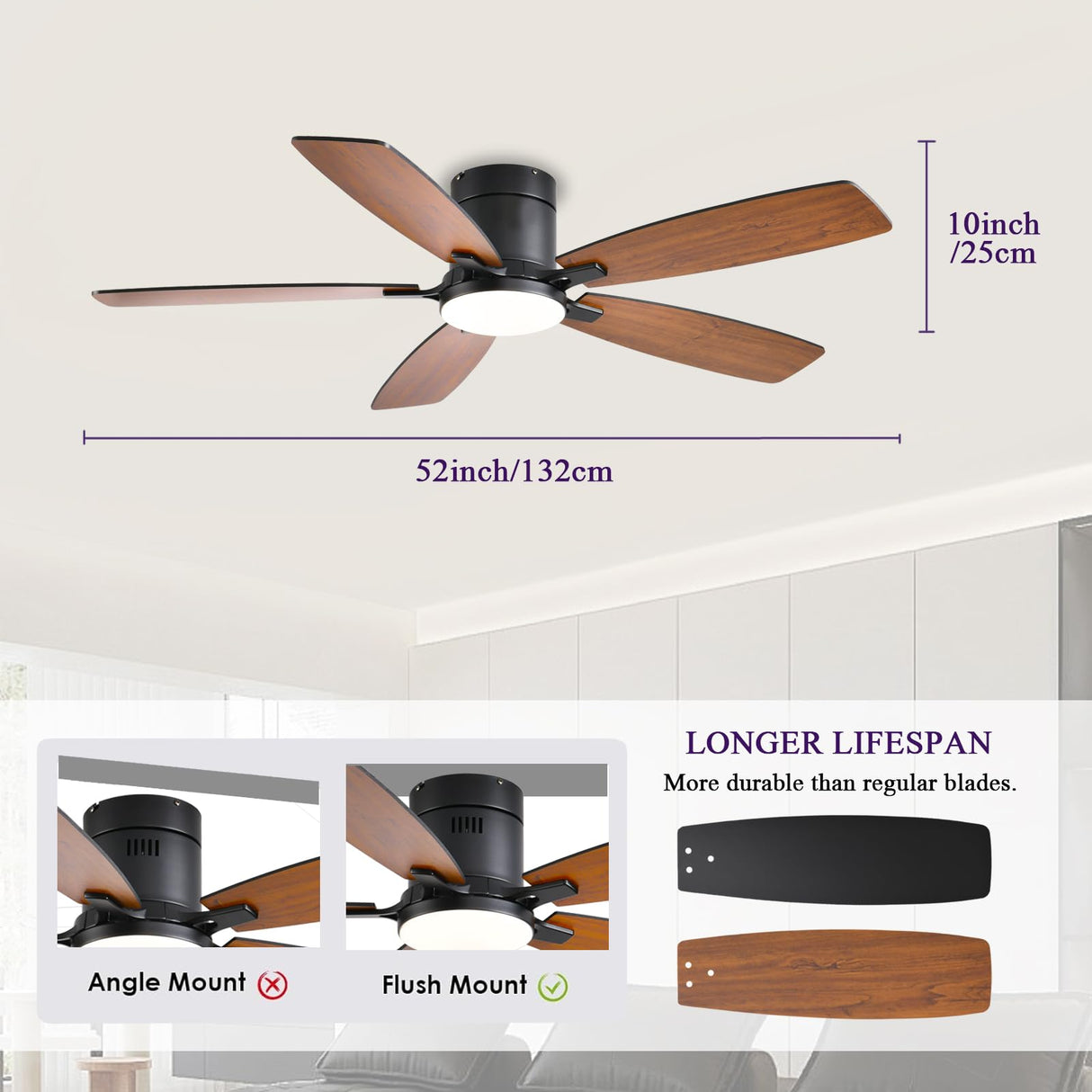 FUMLTP 52inch Ceiling Fans with Lights, Low Profile Ceiling Fan with Light and Remote Control/APP Control, Flush Mount, Reversible Motor, Dimmable, Noiseless, Brown Ceiling Fan for Bedroom (Brown FUMLTP