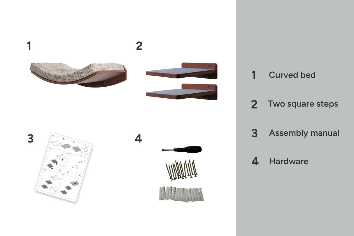 Kerwis Premium Cat Shelves – Cat Shelf in Walnut Brown with Replaceable Carpet with 2 Pine Wood Steps (3pcs). Sturdy Perches for Wall for Lounging and Playing, Cat Hammock Bed Furniture for Cats Kerwis