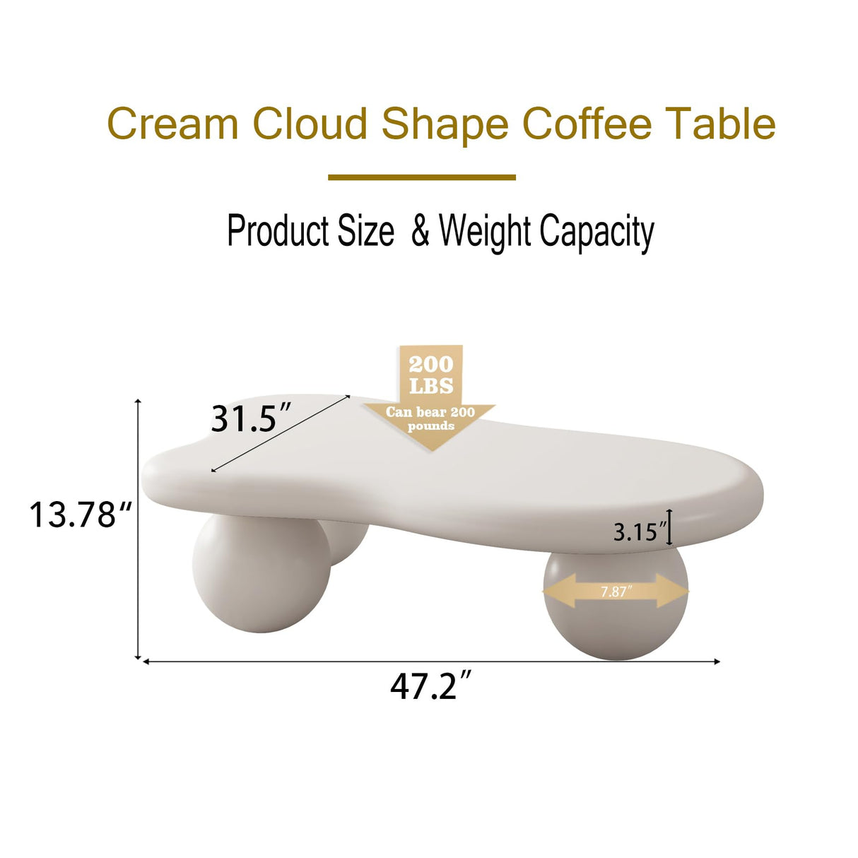 47" Modern White Coffee Table Cloud Shape Low Center Table Cute Irregular Indoor Tea Table with 3 Ball Legs for Living Room Small Space FGXJY