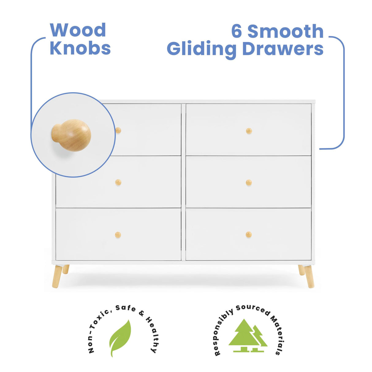 Delta Children Essex 6 Drawer Dresser, Bianca White/Natural Delta Children