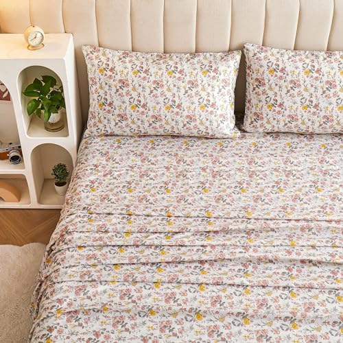 Viviland Floral Full Sheet Set - 4 Piece Vintage Pink & Yellow Flower Patterned Bed Sheets - Soft, Breathable Microfiber Sheets with Deep Pocket, Non-Slip Fitted Sheets & Pillowcases Viviland