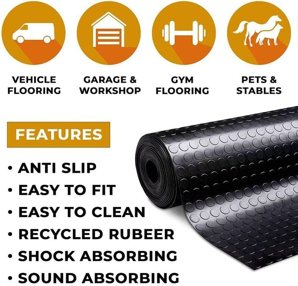 ZERITO Garage Rubber Flooring,4 × 8Ft by 1/8" Heavey Duty Coin-Grip Rubber Flooring Roll,Safety Waterproof Anti Slip Rubber Floor Protector Mat for Workshop,Bench,Cellar,Trailer,Garage,Mews,Cowshed ZERITO