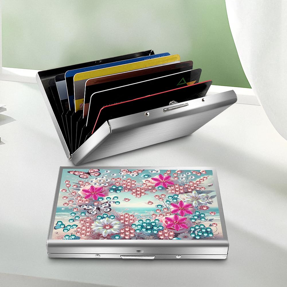 Stainless Steel Diamond Art Card Holder for Adults, Heart Flower Design 9.5x6.5cm Anti-demagnetization Credit Card Wallet with Zipper WoodArtSupply