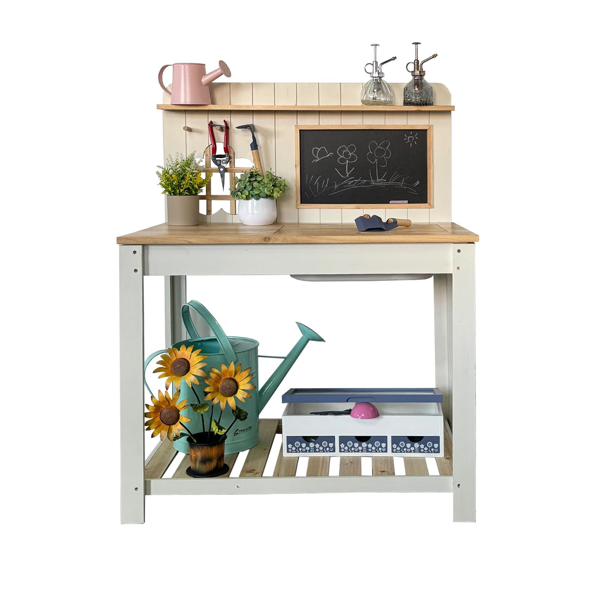GROWRKS Potting Bench Outdoor Potting Table—All-Weather Kids Solid Wood Garden Work Station with Sink、Drawing Board、Shelves, Weather Proof(Natural, Large) GROWRKS