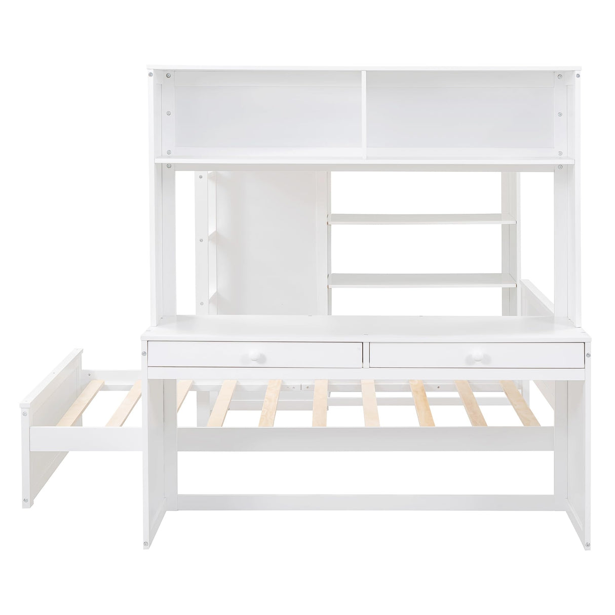 MaiDeHaoo Twin Over Full L-Shaped Bunk Bed with Desk and Shelves, Wood Bunk Bed with Storage Wardrobe and Stand-Alone Bed, White MaiDeHaoo