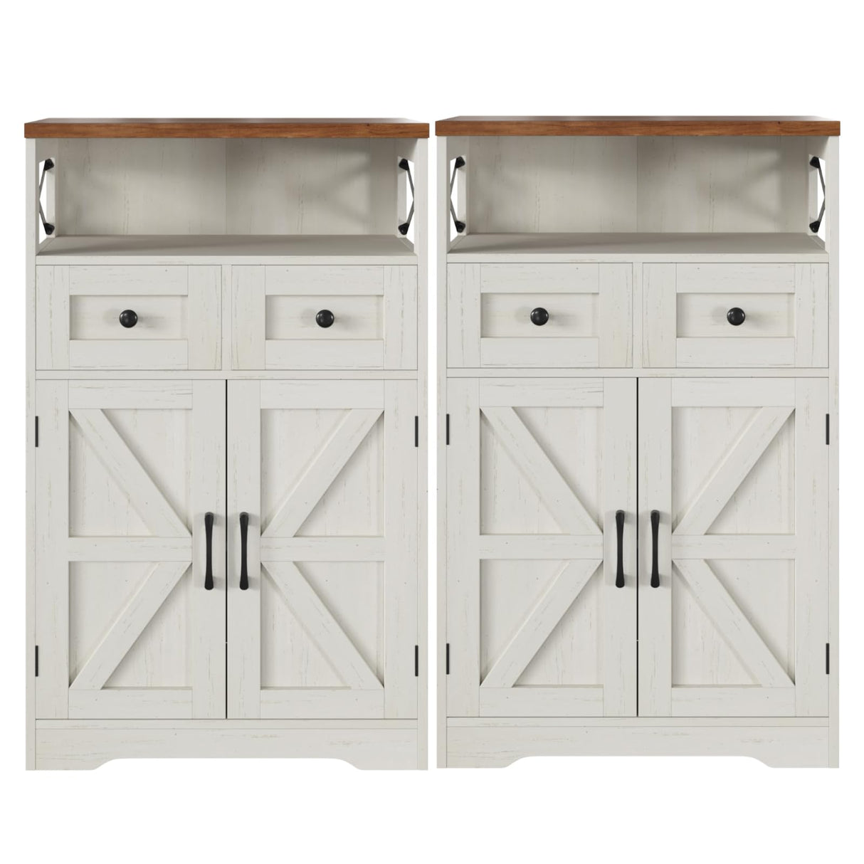 Befrases Set of 2 Farmhouse Storage Cabinet with Barn Doors and Drawers, Freestanding Kitchen Pantry, Floor Storage Cabinet Hutch Cupboard for Kitchen, Laundry, Living Room, White Befrases