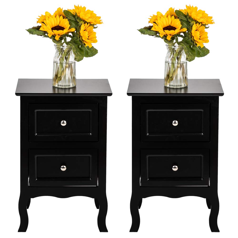 Karl home Black Nightstand Set of 2 for Bedroom, Vintage Small Night Stand with Drawers, Farmhouse Side Table, Wooden End Tables with Curved Legs for Office, Mid-Century Karl home