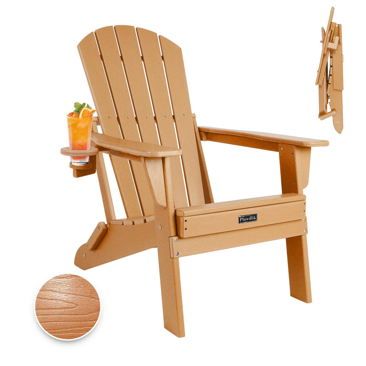 Plawdlik Folding Adirondack Chair, SGS Tested, Wooden Textured with Cup Holder, Heavy All-Weather HDPE Comfortable Set Poolside Backyard Lawn Teak Plawdlik