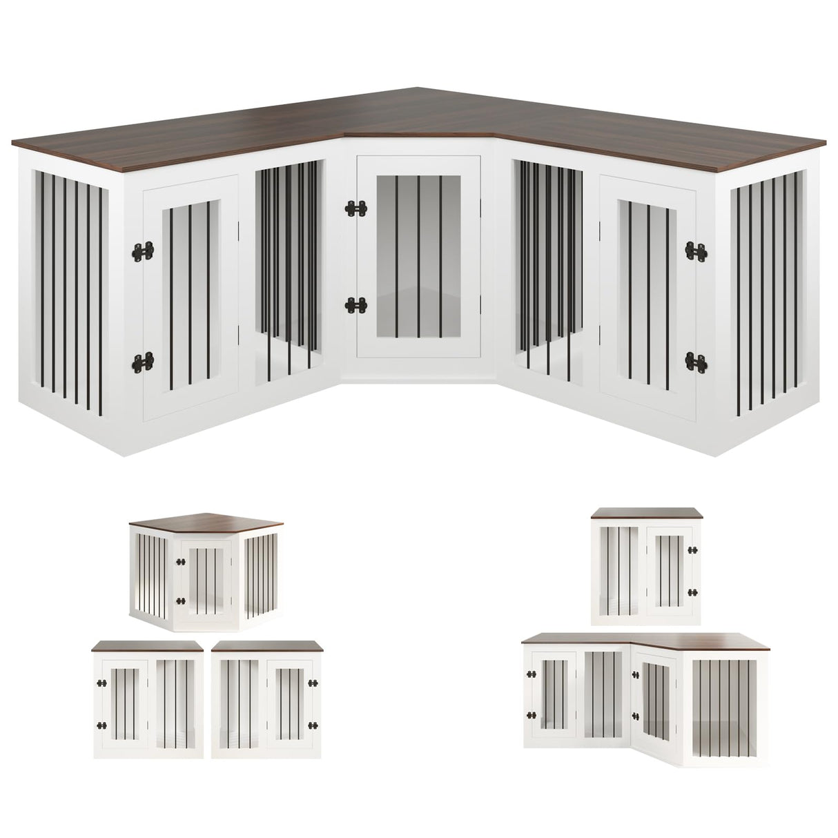 Large Dog Crate Furniture for 3 Dogs, 113'' Corner Dog Crate with Divider, 3 in 1 Heavy Duty Indoor Wooden Dog Kennel Furniture for Small Medium Large Dogs, White DEYGIA