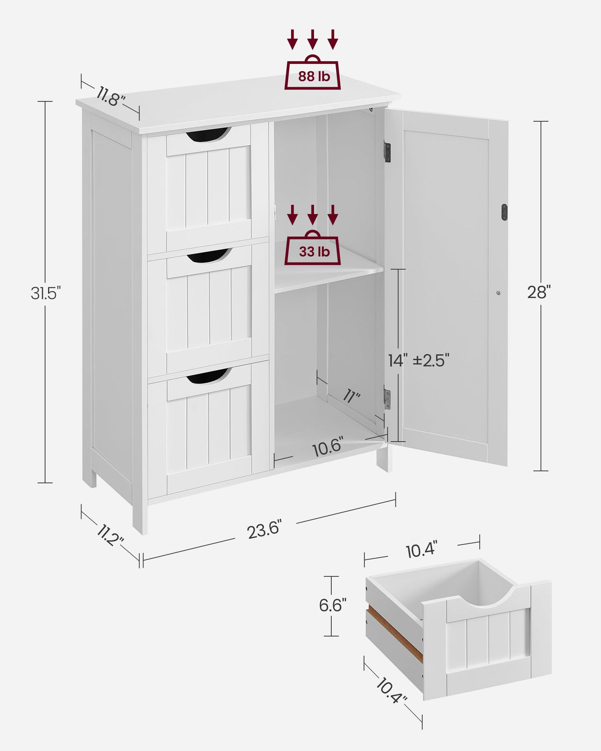 VASAGLE White Bathroom Storage Cabinet with 3 Drawers and Adjustable Shelf, Freestanding Organiser VASAGLE