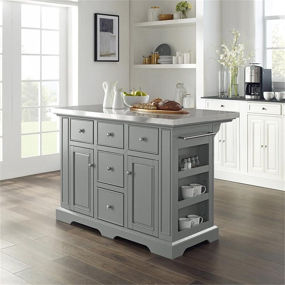 Pemberly Row Transitional Wood/Stainless Steel Kitchen Island in Gray/Chrome Pemberly Row