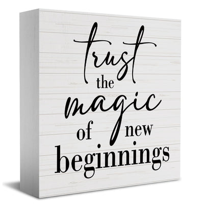 Inspirational Quotes Sign Desk Decor Wooden Box Sign Housewarming Gift Rustic Wood Block Plaque Box Sign for Home Farmhouse Office Kitchen Bathroom Shelf Table Decoration Magic of New Beginnings Sign