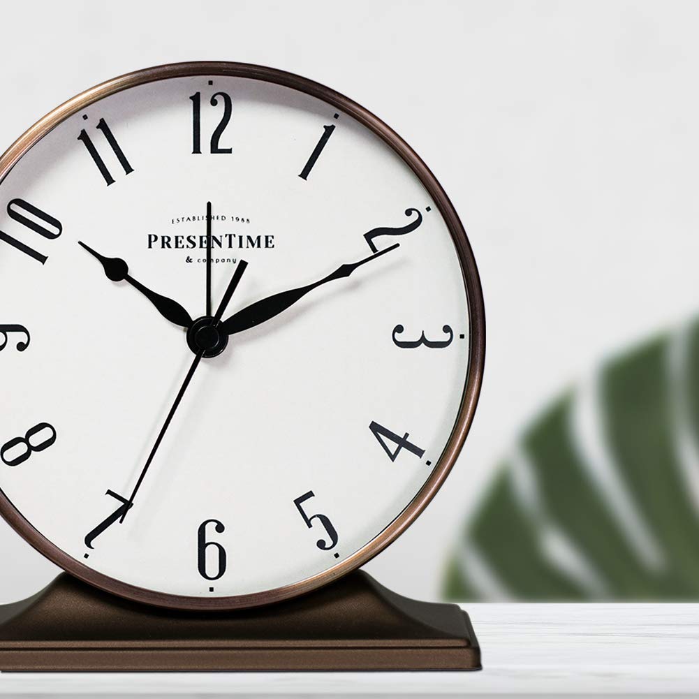 Presentime & Co Lewis Mantel Alarm Clock, Desk and Shelf Clock, Tabletop Decoration, 5.5 x 5 inch, Silent no Ticking, Metal Base, Bronze Finish, Arabic Numeral Presentime