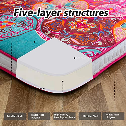 MAXYOYO Bohemian Style Futon Mattress, Padded Japanese Floor Mattress Quilted Bed Mattress Topper, Extra Thick Folding Sleeping Pad Breathable Floor Lounger Guest Bed for Camping Couch, Red, Full MAXYOYO