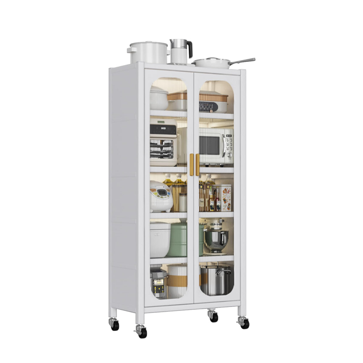 Runboll Kitchen Pantry Storage Cabinet, 6 Tier Metal Sideboard with Wheels and Acrylic Glass Door, Modern Display Curio Cabinet Bookcase White Runboll