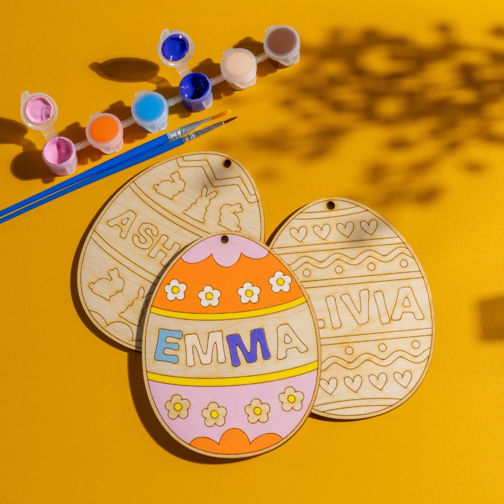 Lara Laser Works Single, DIY Wooden Painting Crafts for Kids, Easter Egg Paint Set Personalized w/Name - 5 Designs - Decorating Easter Egg Basket Stuffer for Children, Make Your Own Easter Eggs Lara Laser Works