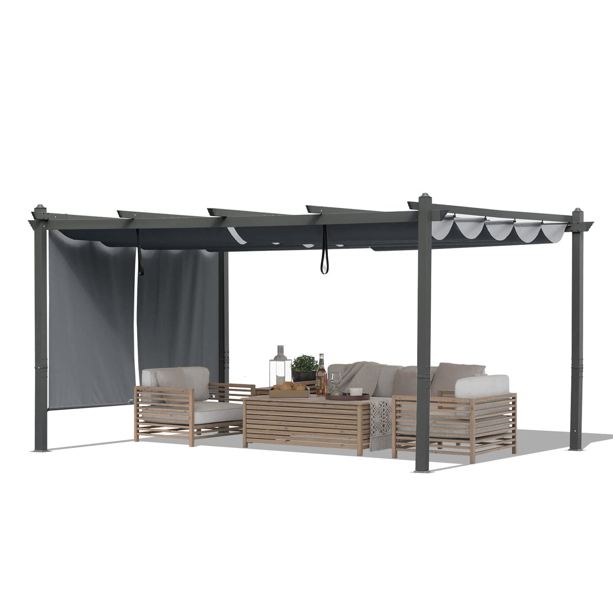 BPS 12' x 14' Outdoor Pergola with Retractable Shade Canopy, Dark Gray Matte Aluminum Frame, 2 Pieces Roller Shade Curtain, Grape Trellis Pergola for Patio Backyard and Deck - Gray BPS
