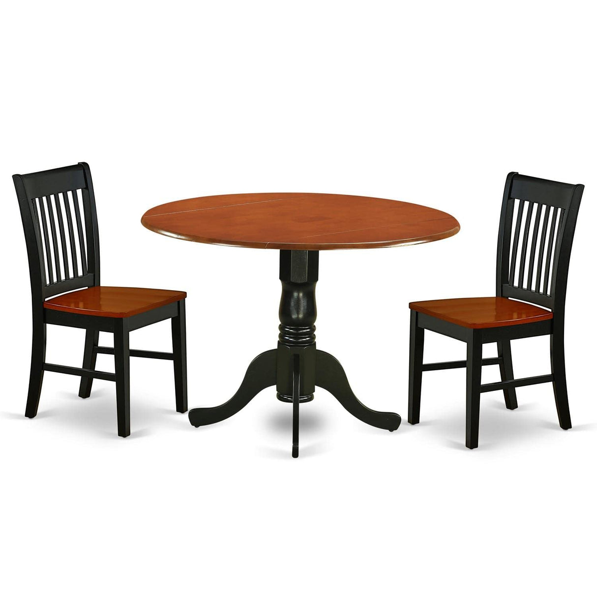 East West Furniture Dublin 3 Piece Room Set Contains a Round Dining Table with Dropleaf and 2 Wood Seat Chairs, 42x42 Inch, DLNO3-BCH-W East West Furniture