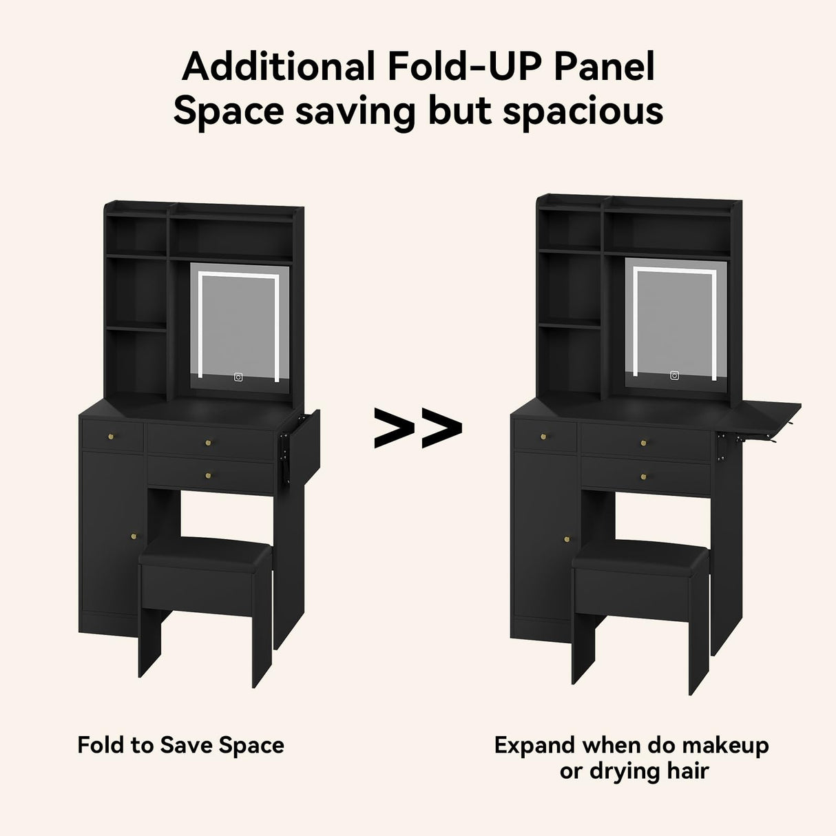 ARTETHYS Vanity Desk with Mirror and Lights Black Vanity Set with Storage Chair Dressing Table with Drawer Makeup Desk with Fold-up Panel for Bedroom ARTETHYS