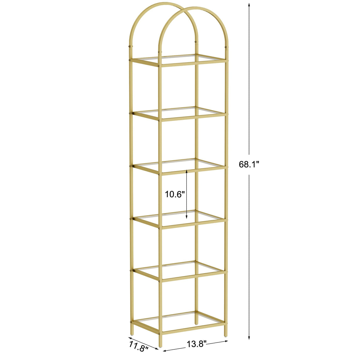 Homhedy Bookshelf Arched Display Racks,Metal Bookcase,Tempered Glass Shelves,Storage Rack Shelf for Home Office,Living Room,Bedroom, Bathroom,Modern Style (Golden, 11.8" D x 13.8" W x 68.1" H) Homhedy