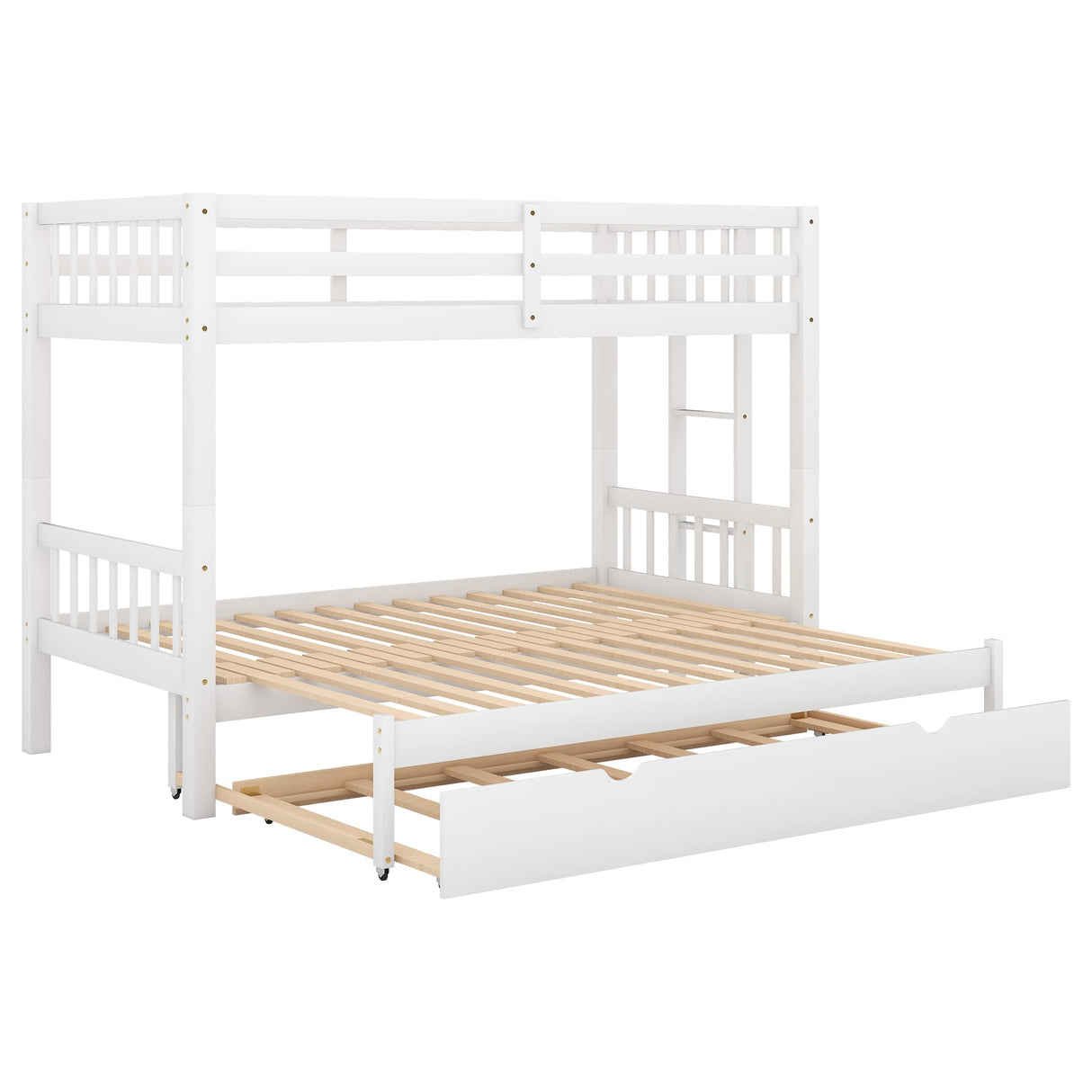 KLMM Twin Over Twin/Queen Wood Bunk Bed with Trundle and Stretchable Down Bed, Accommodate 4 People Extendable Bunk Beds with Ladder and Safety Rail (White/4-in-1) KLMM