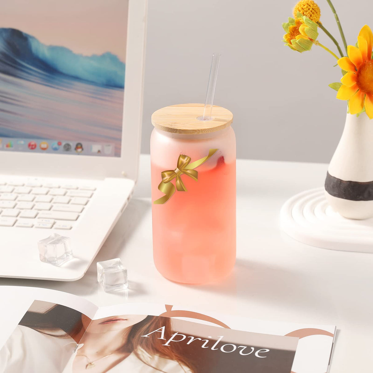 YOUKE OLA 20 Pack Sublimation Blank Beer Glass Cup Can Shaped Frosted with Bamboo Lids Borosilicate Glasses Tumbler Mason Jar Cups Mug with Glass Straw for Beer, Juice, Soda, Iced Coffee, Drinks 16oz YOUKE OLA