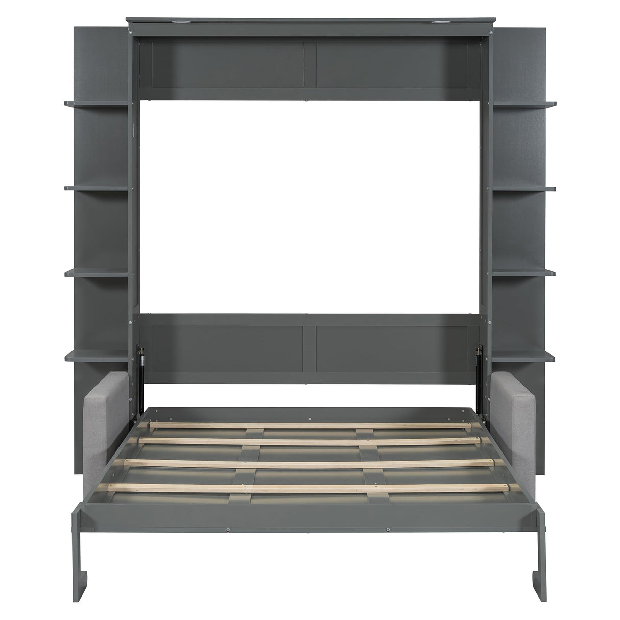 Murphy Bed Cabinet Queen Size with Sofa, Queen Murphy Bed with Couch, Adult Wall Murphy Queen Size Bed Frame with Storage Shelves and LED Lights, Grey Merax