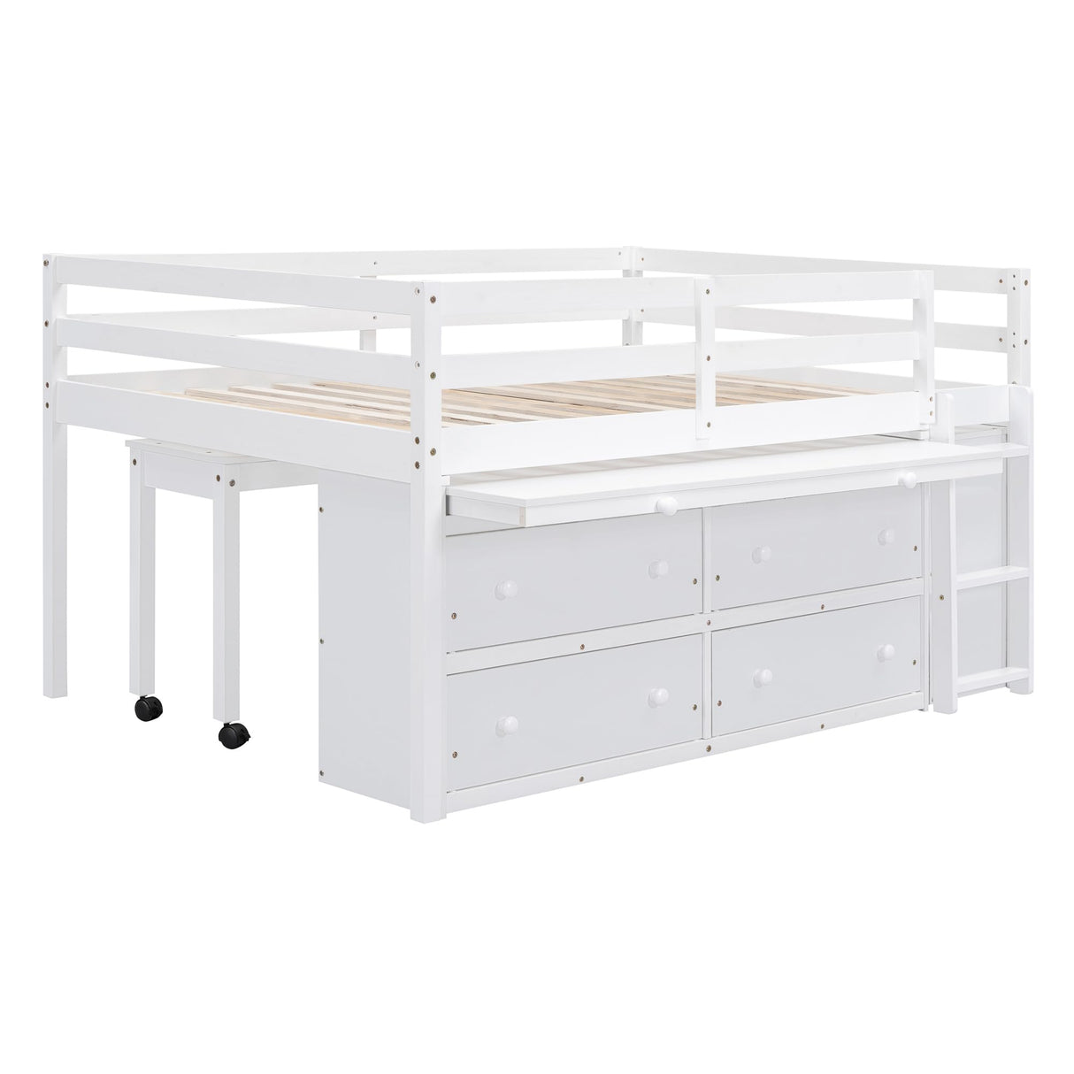 Full size Low Loft Bed with Storage, Full Size Loft Bed with Portable Desk & 4 Drawers, Wood Full Loft Bed Frame with Shelves, Modern Farmhouse Junior Loft Bed for Kids Boys Girls, White Harper & Bright Designs