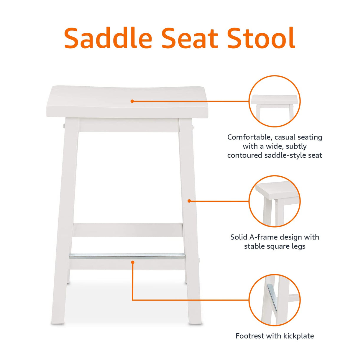 Amazon Basics Solid Wood Saddle-Seat Kitchen Counter Barstool with Footrest, Easy Assembly - 24-Inch Height - White - Set of 2 Amazon Basics